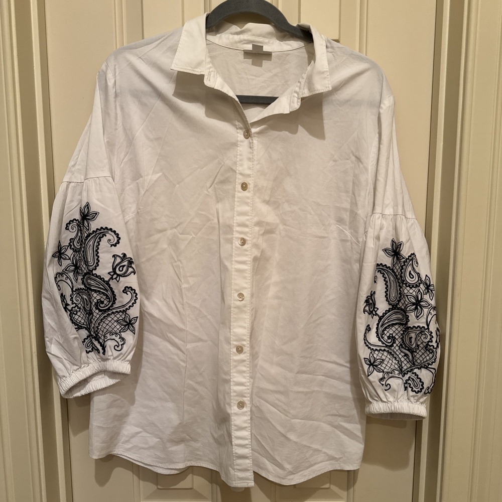 J. Jill Button Down Shirt Womens L White Black Paisley Embroidered Puff Sleeve - Picture 2 of 9